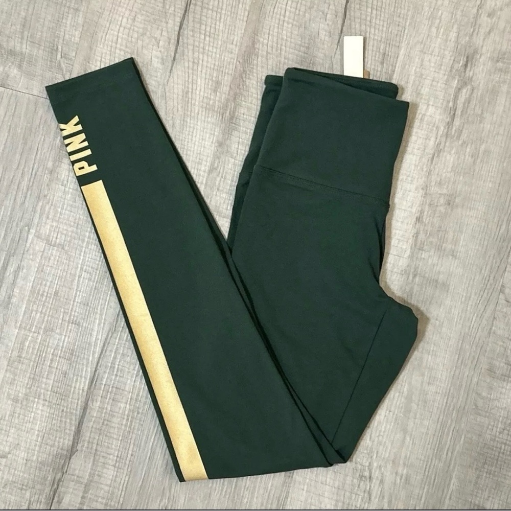 Victoria's Secret PINK High Waist Full Length Leggings Green Gold Stripe Small